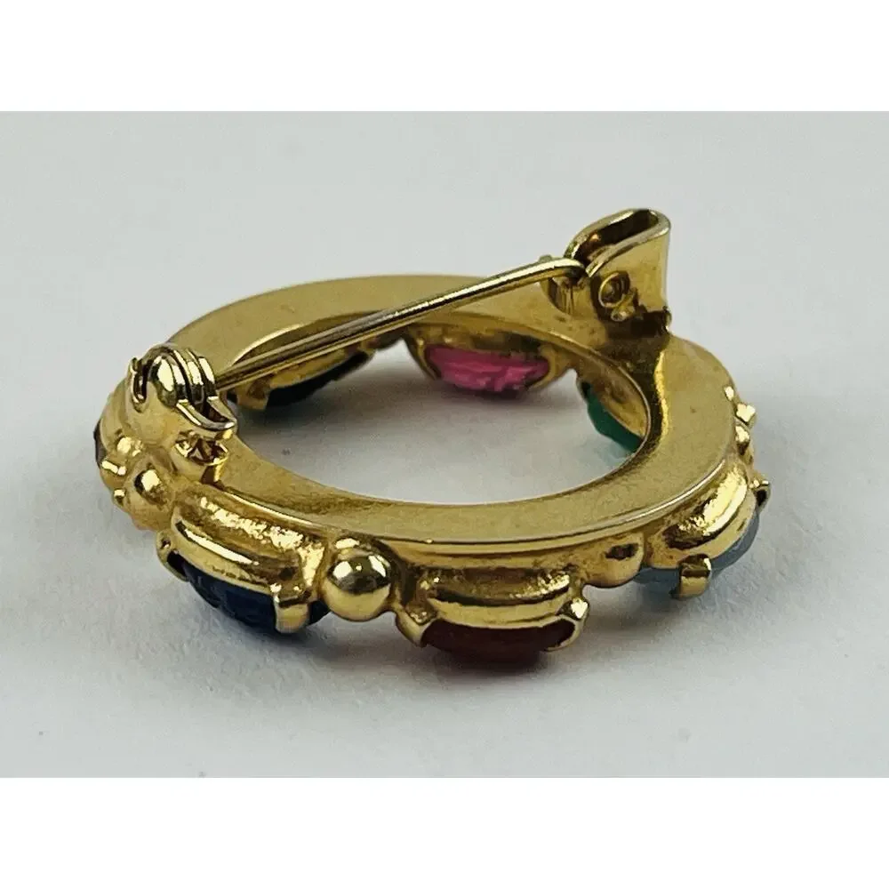 Vintage Gold Tone Multicolor Scarab Stone Pin Brooch Round Blue Pink Green Red P